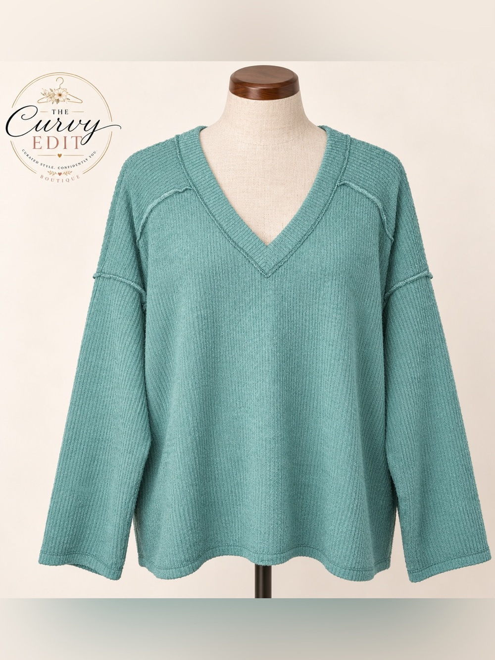 NWT Zenana L/XL Seafoam Teal Ribbed V-Neck Oversized Sweater Top